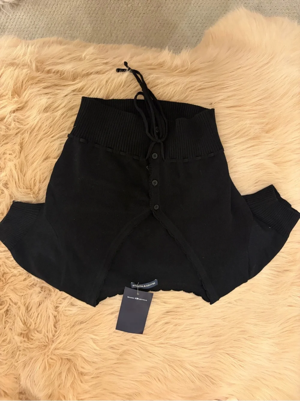 Brandy Melville Black Cropped Button-Up V-Neck Top with Drawstring
